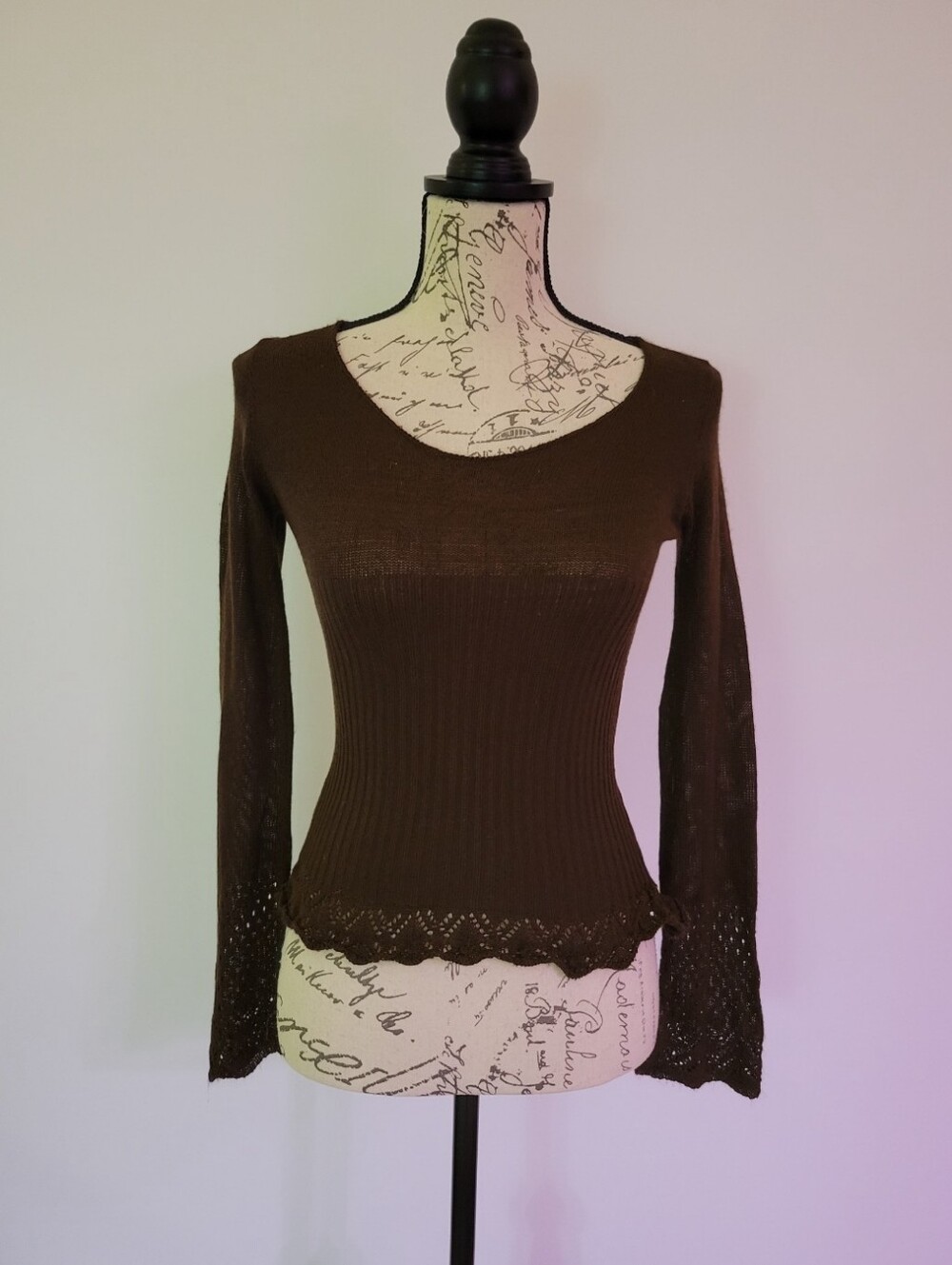Slim Fit Brown Scoop Neck Long Sleeve Knit Top